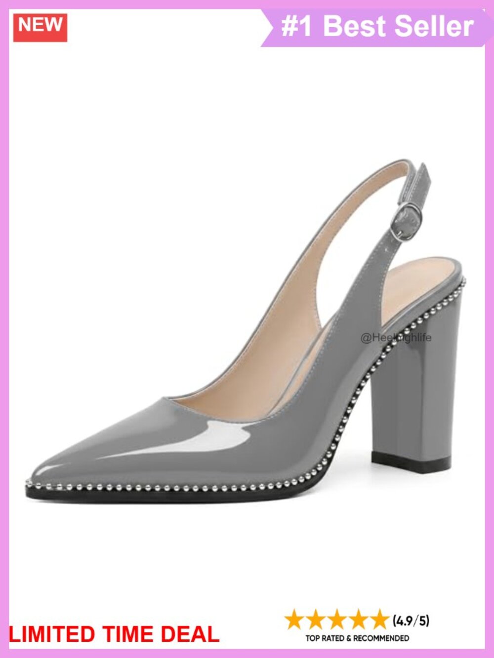 Beaded Slingback Pumps Chunky 3.5 Inch High Heels Pointed Toe